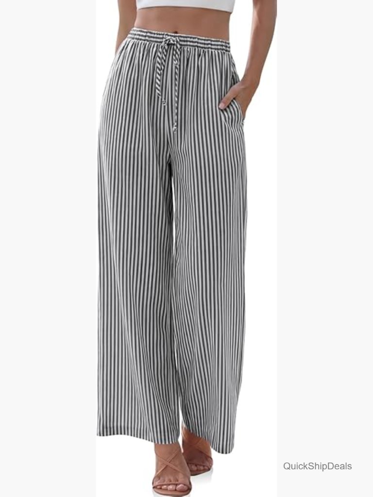 Linen Blend Wide Leg Palazzo Pants With Drawstring Waist And Pockets